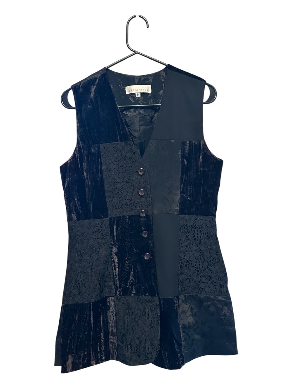 Vintage 90’s The Limited Black Patchwork Lace & Velvet Button Long Vest Petite - Picture 1 of 6